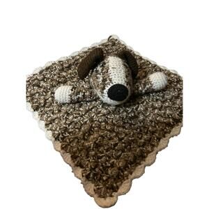 Hand Crochet Dog Lovey Security Blanket Brown White Knit 11 x 11 in.